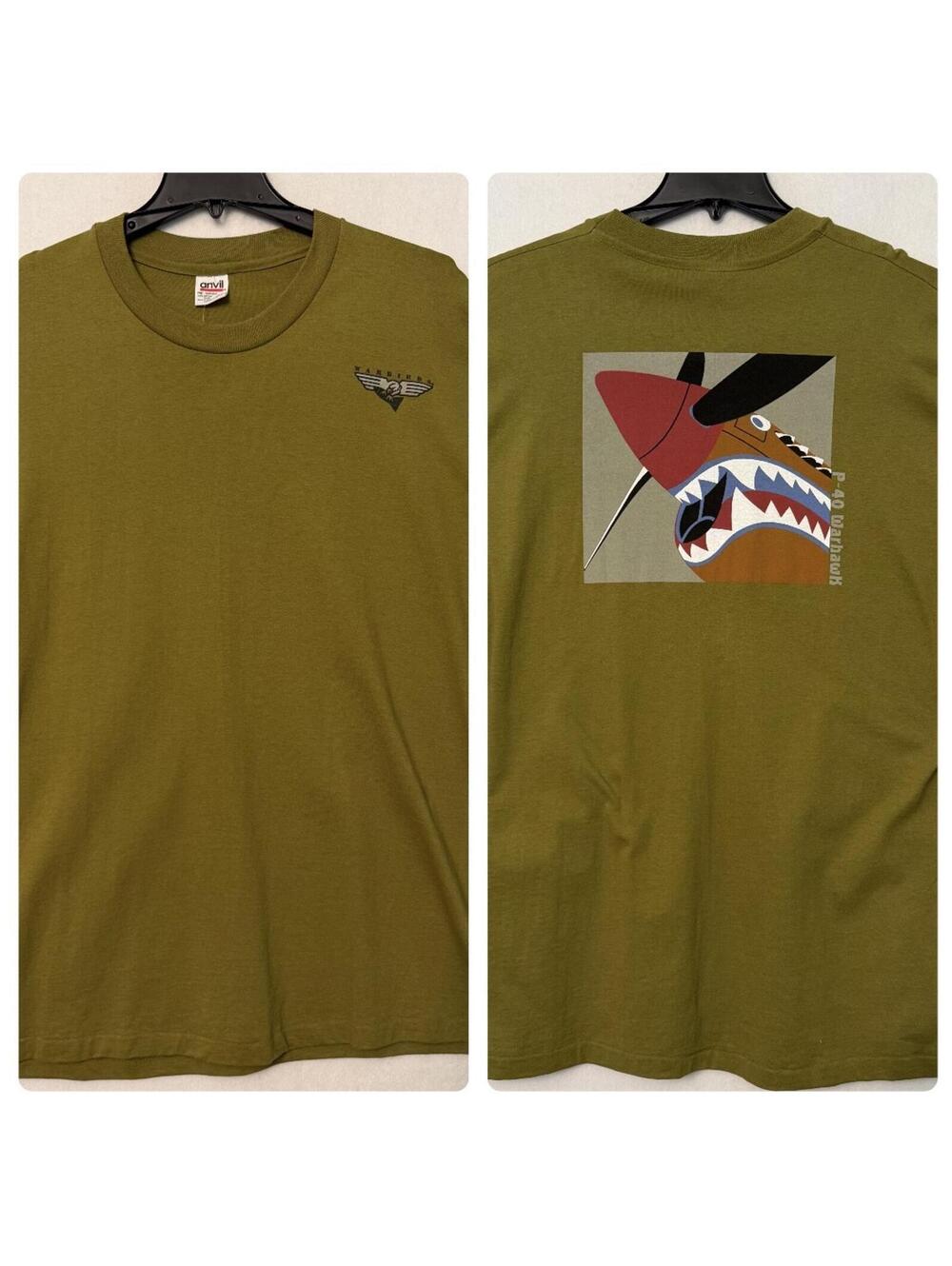 VINTAGE Warbirds P-40 Warhawk T-Shirt Size 2X Green Single Stitch Anvil 1995 USA